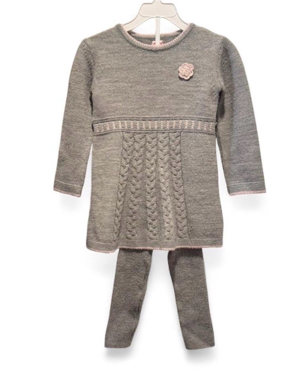 Girls' Gray Knit Dress & Leggings Set with Pink Trim